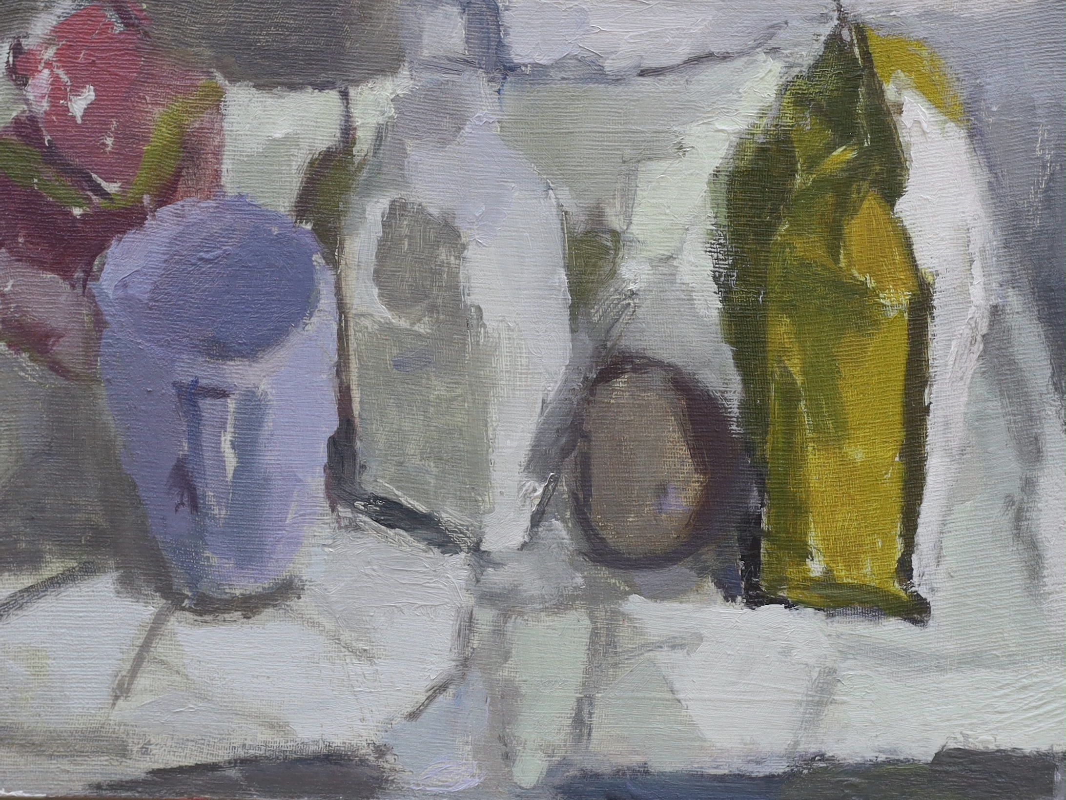 Michael Weller NEAC, three contemporary oils on board, Still lifes and Mudeford Quay, each with details verso, 35 x 26cm